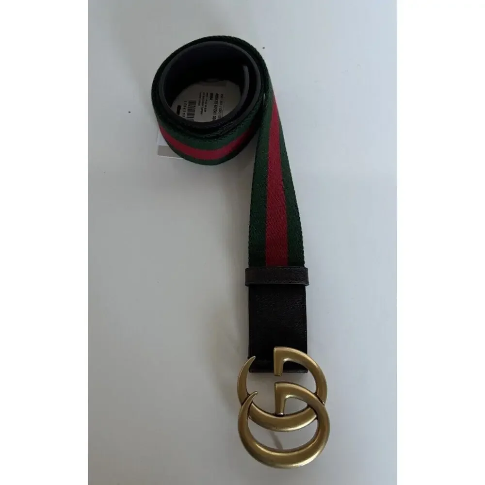 Gucci Web GG Marmont Leather/Fabric Belt Green/Red/Brown 80/32 IT 409416 NWT
